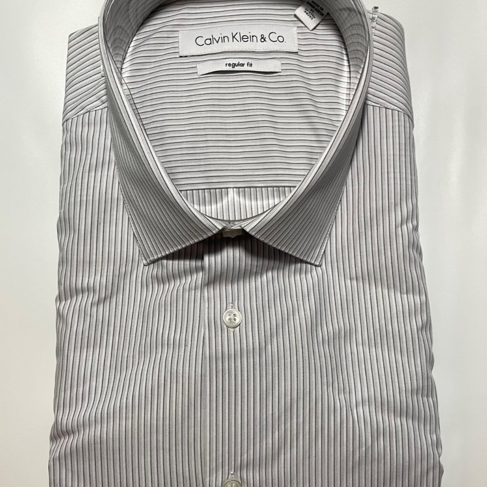 NEW Authentic Calvin Klein Dress Shirt Regular Fit 100%Cotton, Sm Grey/Wh Stripe